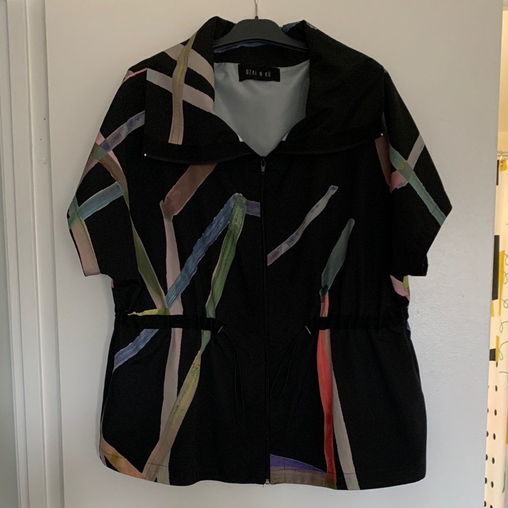 OZAI N KU multicolored utility jacket full M zippered pockets easy toggle waist.
